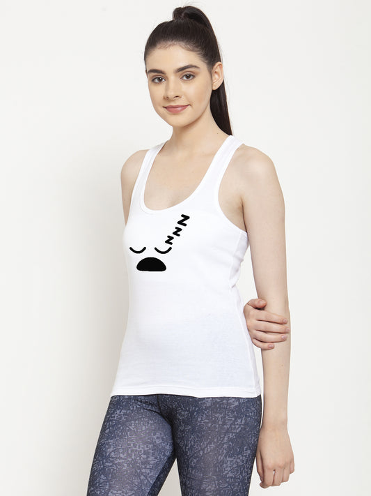 Sleepy Mode Printed Women White Tank Top/Vest - Friskers