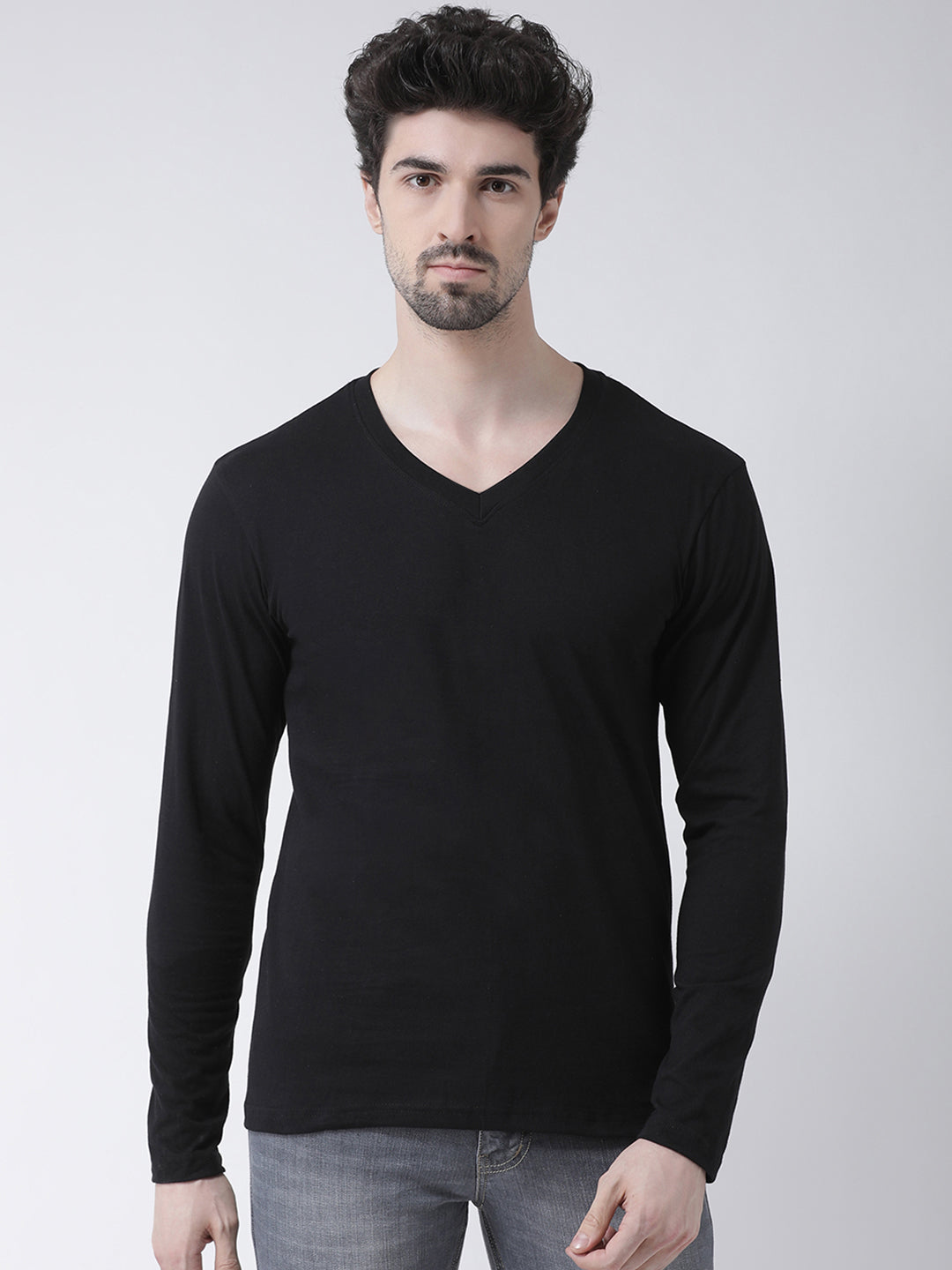 Men Solid V Neck Full Sleeve Cotton T-shirt - Friskers