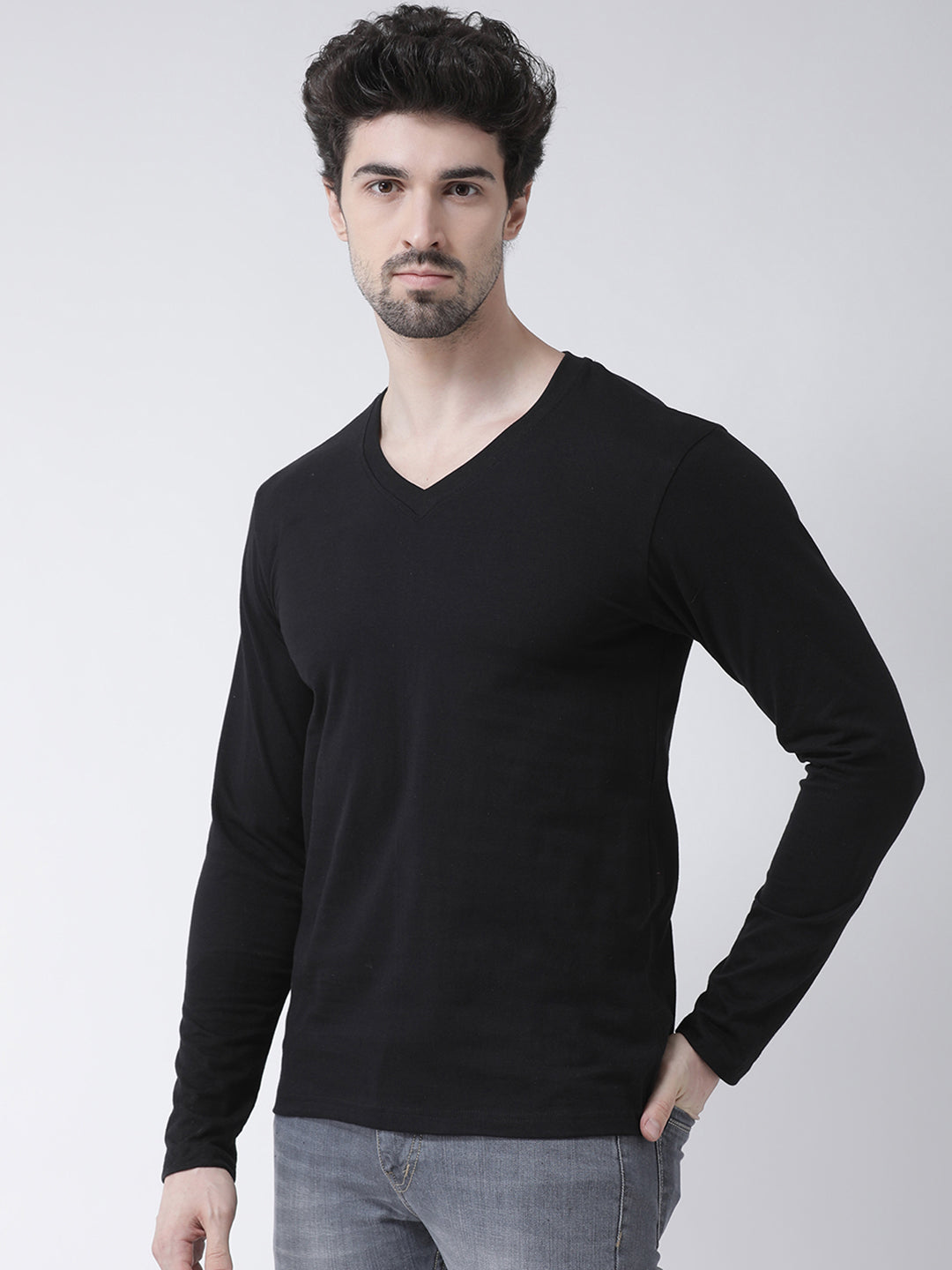 Men Solid V Neck Full Sleeve Cotton T-shirt - Friskers