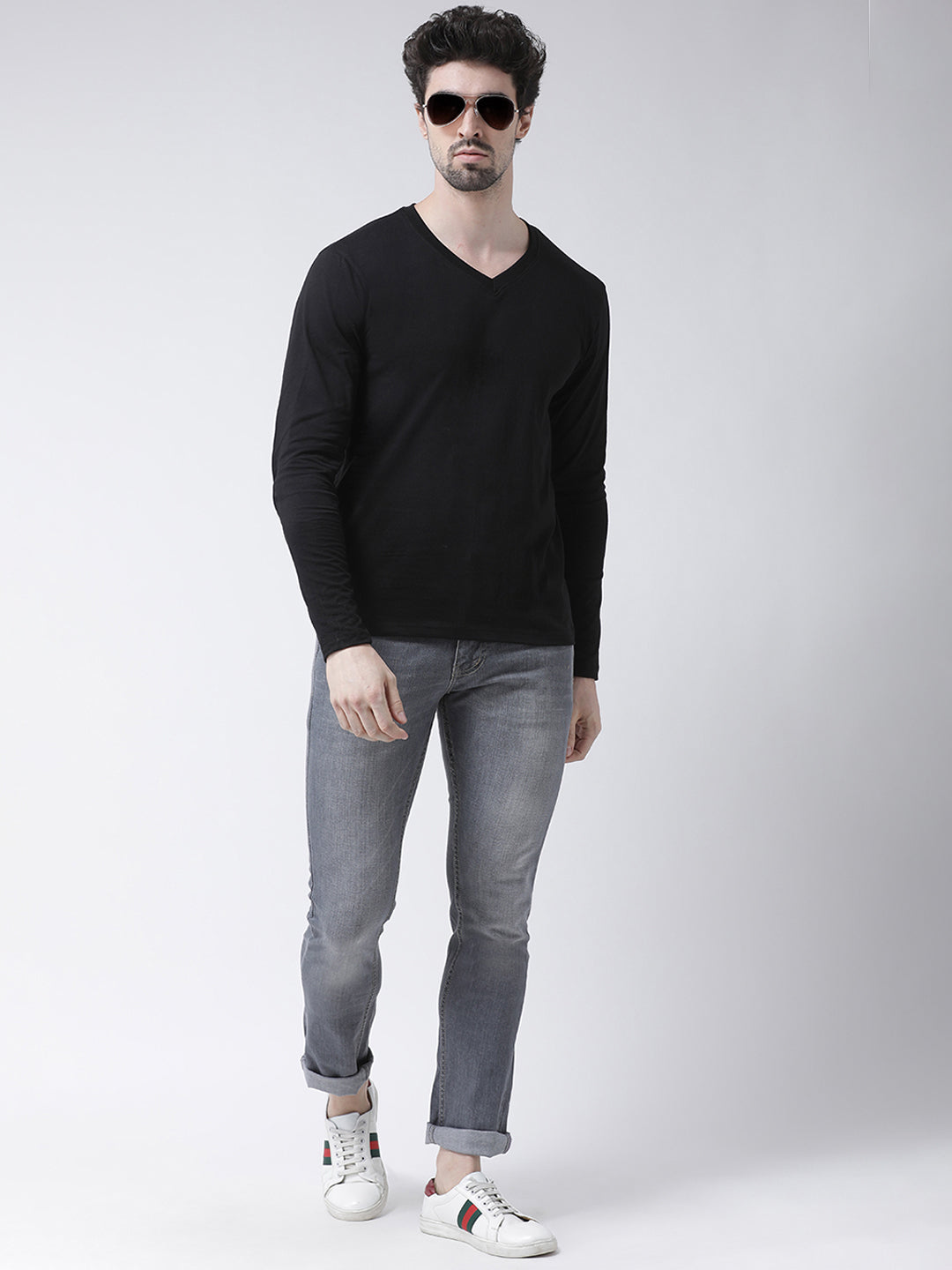 Men Solid V Neck Full Sleeve Cotton T-shirt - Friskers