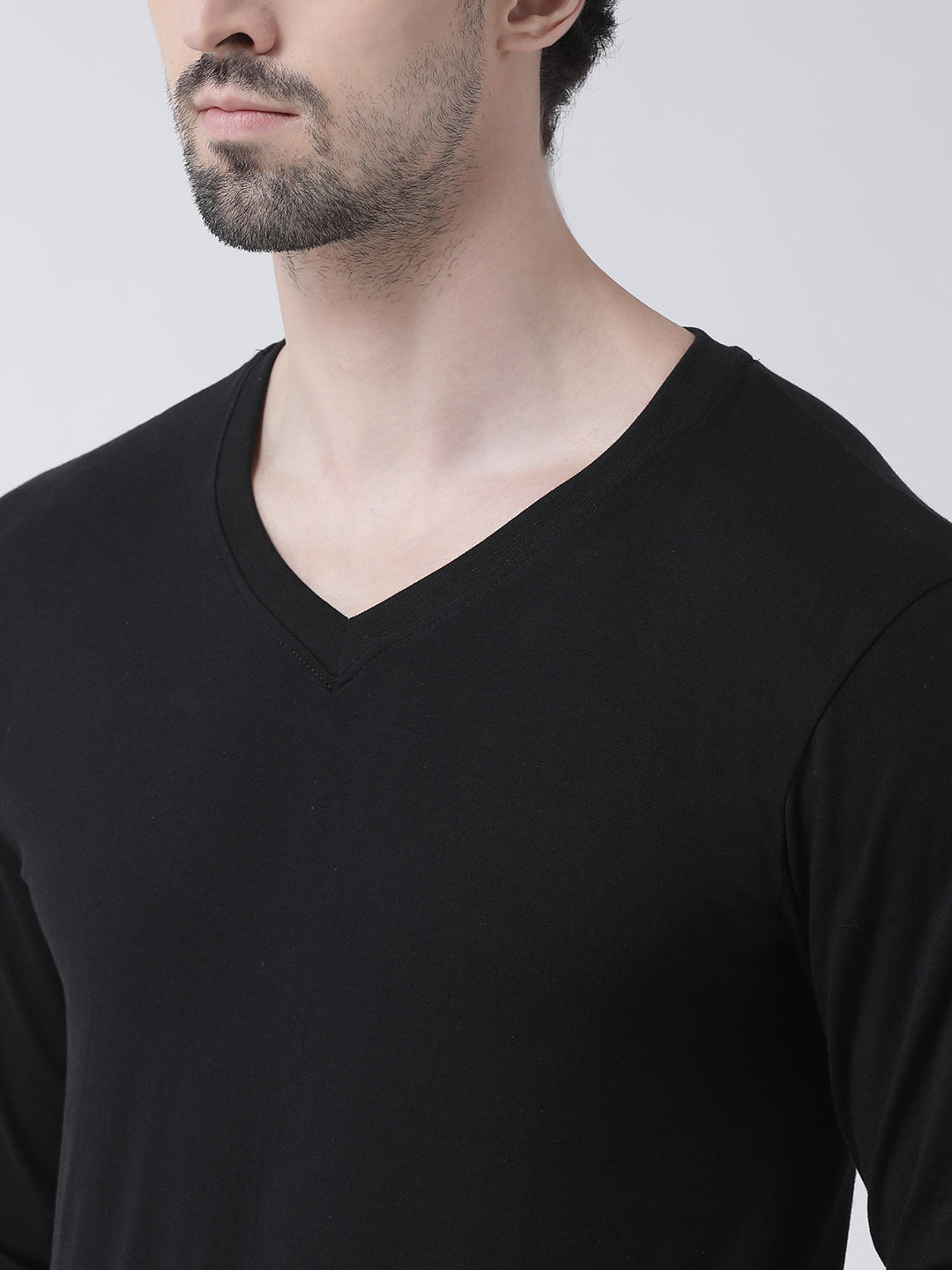 Men Solid V Neck Full Sleeve Cotton T-shirt - Friskers