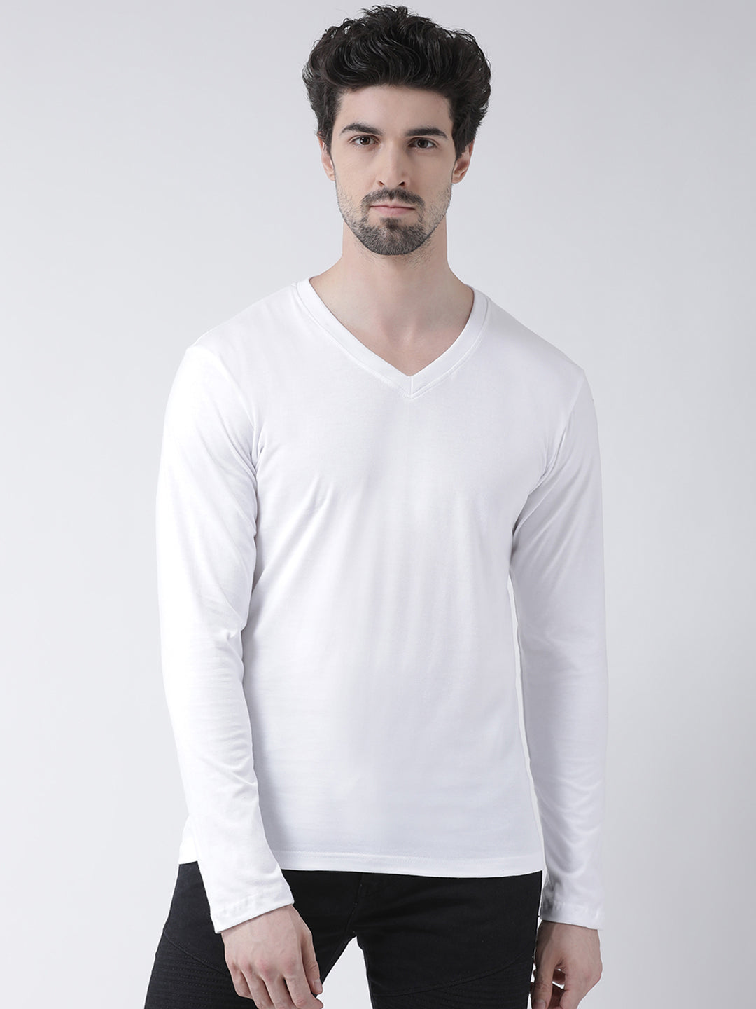 Men Solid V Neck Full Sleeve Cotton T-shirt - Friskers