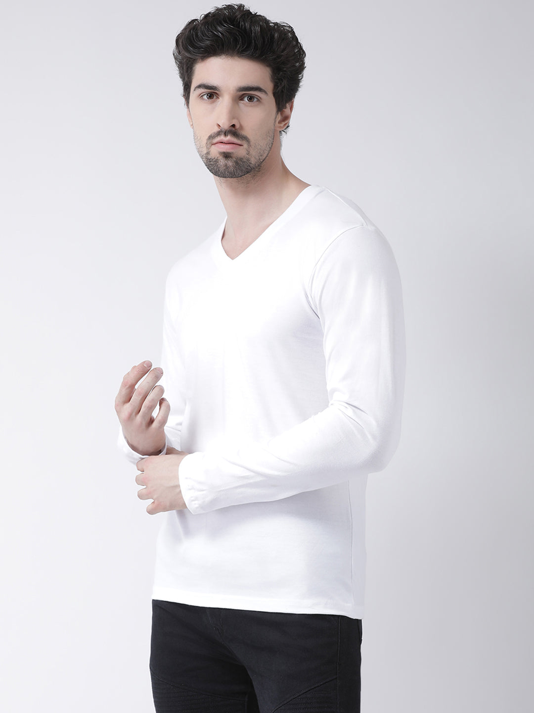 Men Solid V Neck Full Sleeve Cotton T-shirt - Friskers