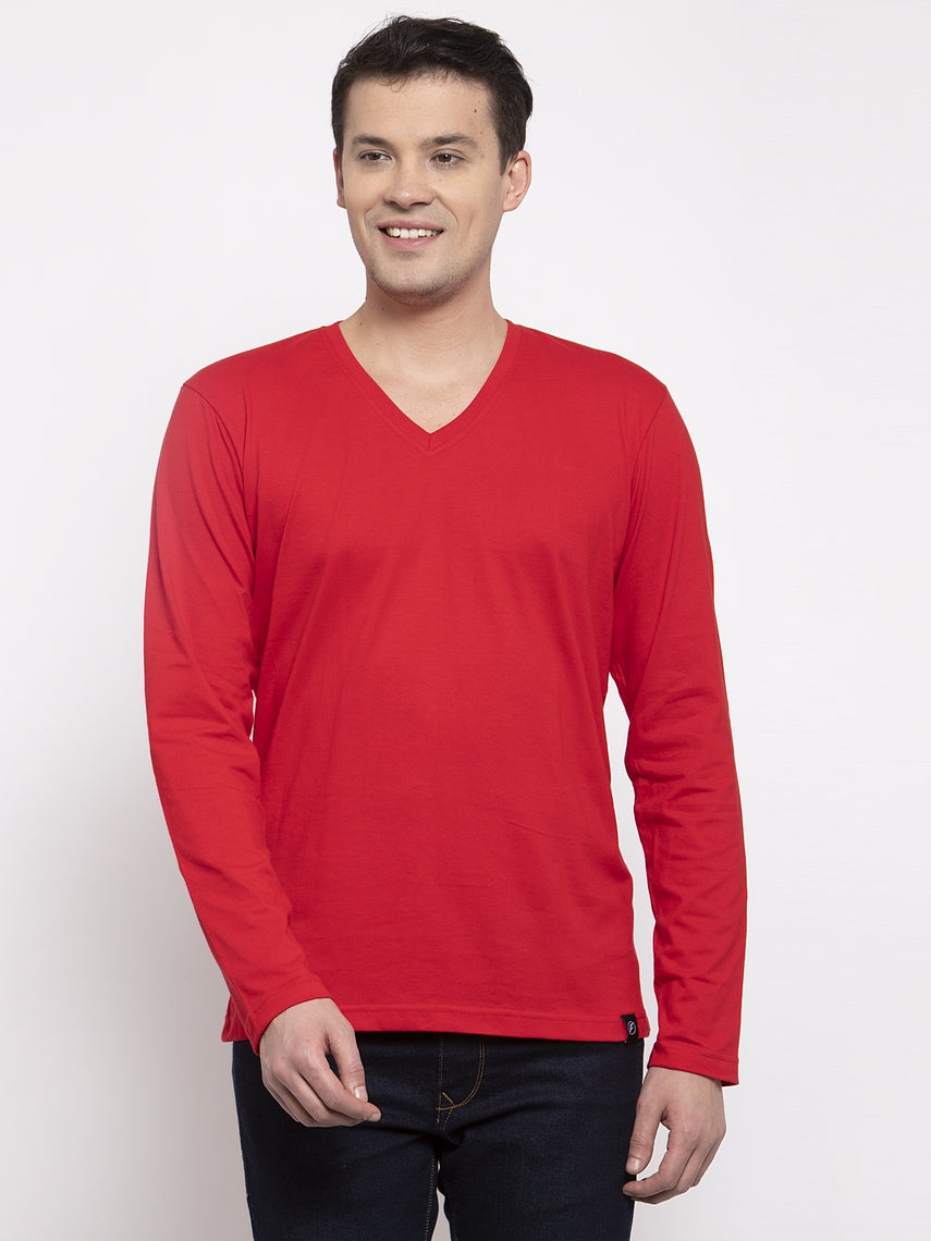 Men Solid V Neck Full Sleeve Cotton T-shirt - Friskers