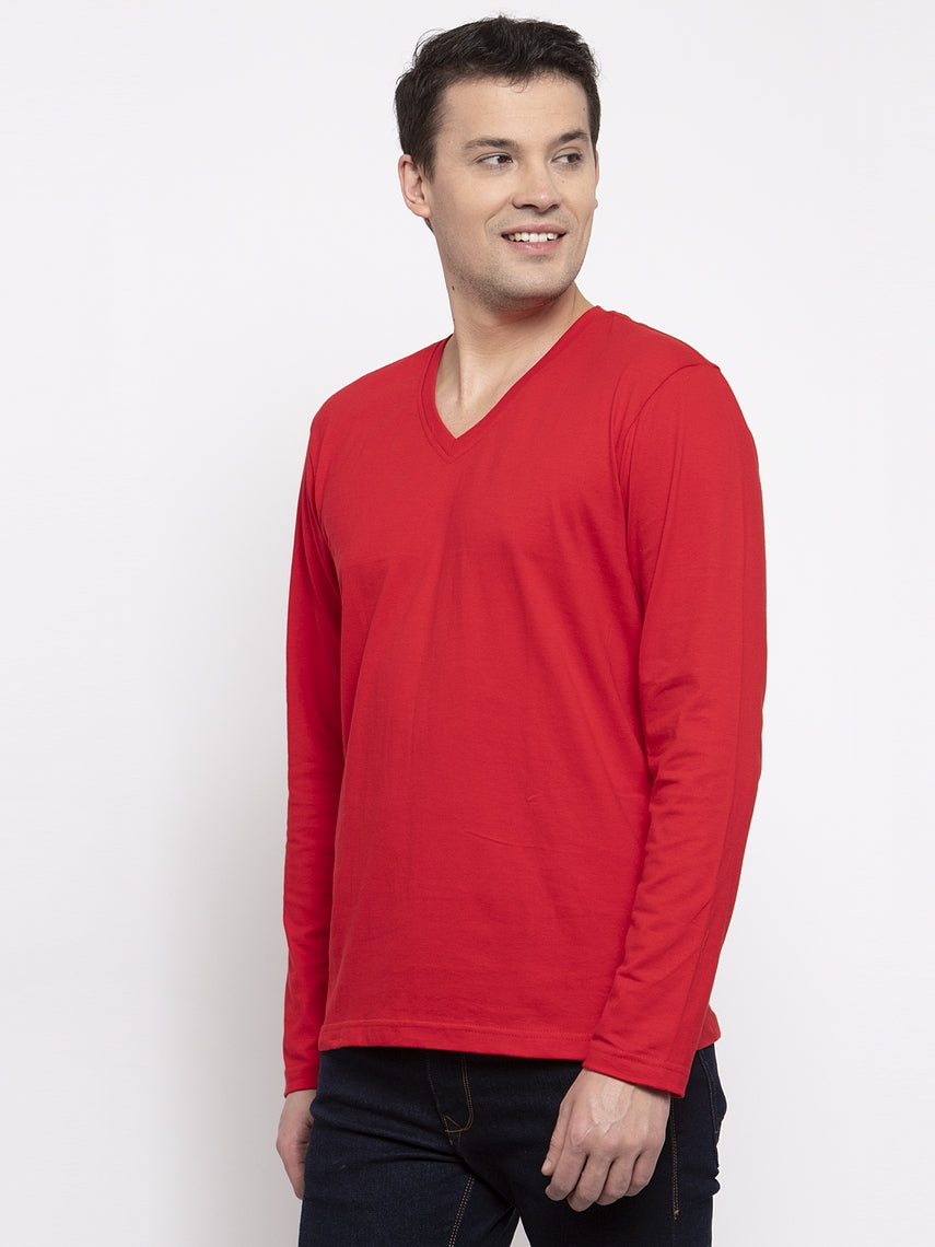 Men Solid V Neck Full Sleeve Cotton T-shirt - Friskers