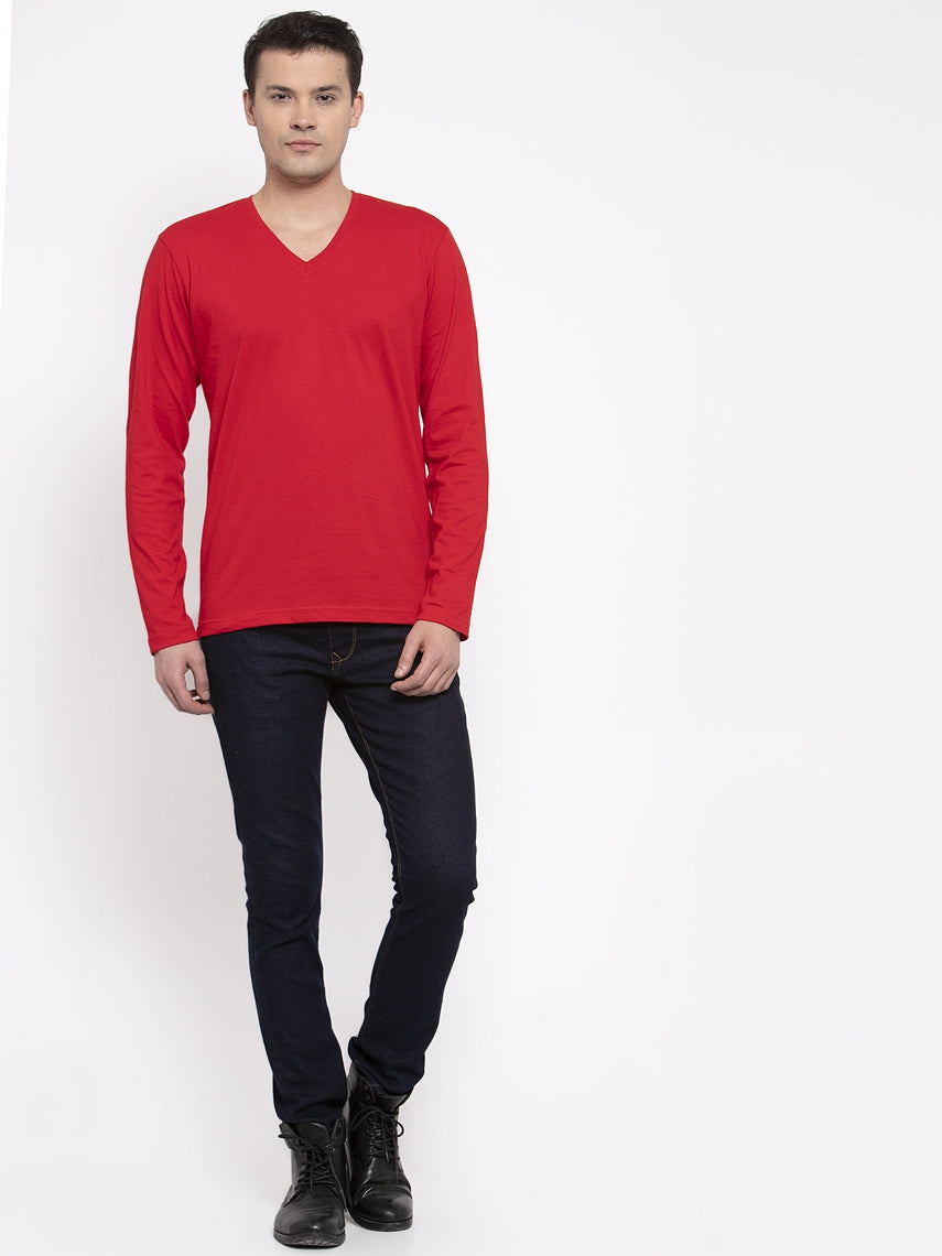 Men Solid V Neck Full Sleeve Cotton T-shirt - Friskers