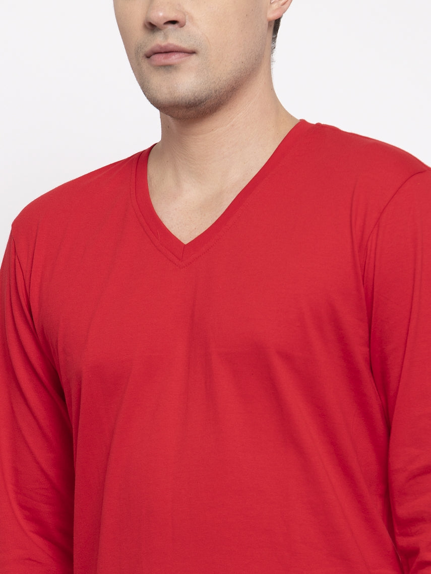 Men Solid V Neck Full Sleeve Cotton T-shirt - Friskers