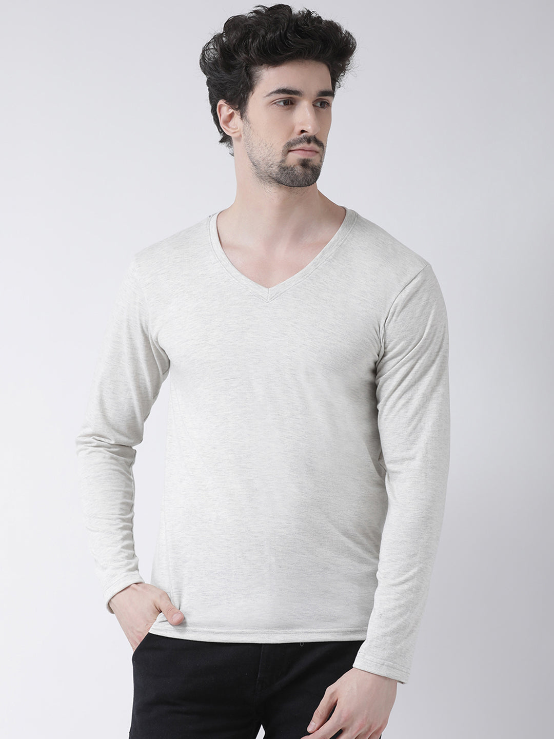 Men Solid V Neck Full Sleeve Cotton T-shirt - Friskers