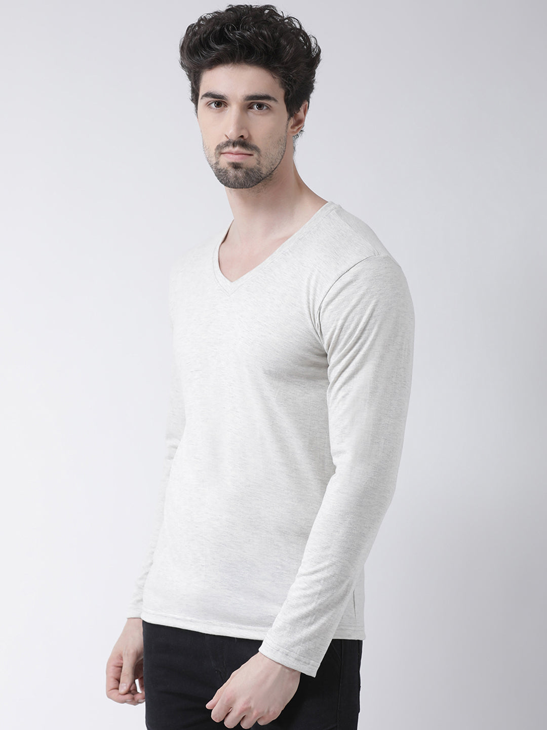 Men Solid V Neck Full Sleeve Cotton T-shirt - Friskers