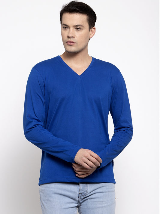 Men Solid V Neck Full Sleeve Cotton T-shirt - Friskers