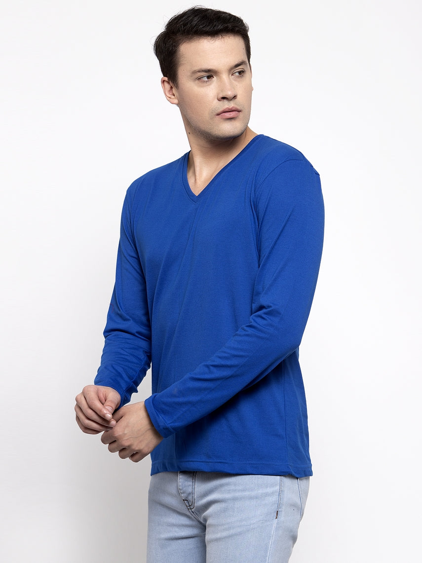 Men Solid V Neck Full Sleeve Cotton T-shirt - Friskers