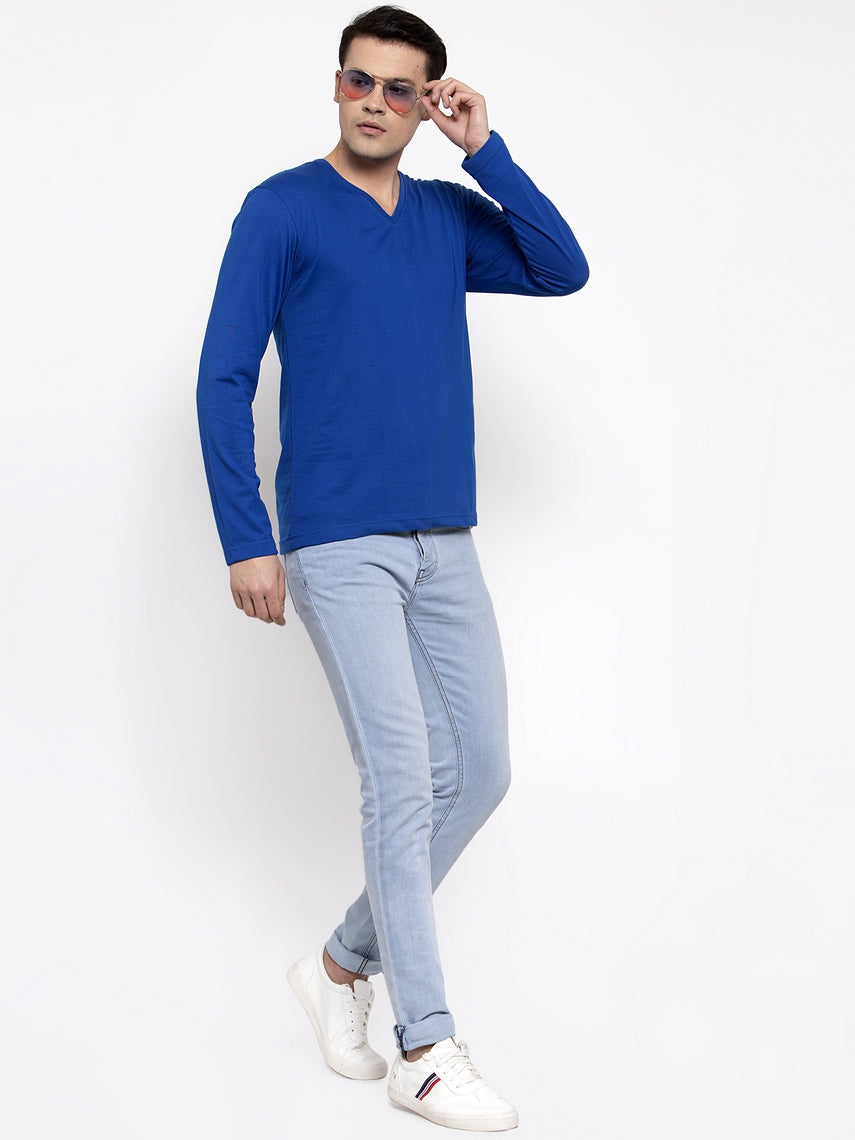 Men Solid V Neck Full Sleeve Cotton T-shirt - Friskers