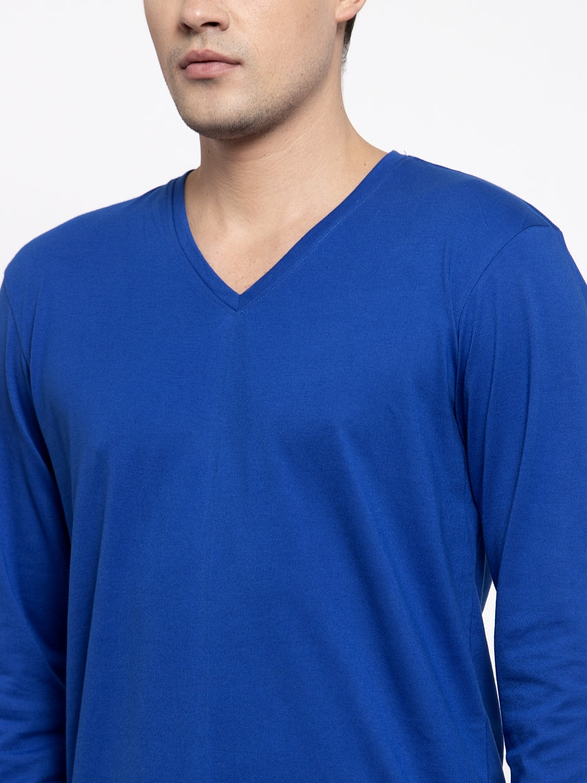 Men Solid V Neck Full Sleeve Cotton T-shirt - Friskers