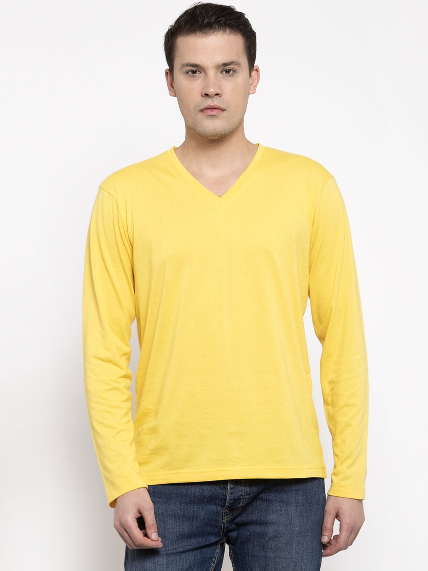 Men Solid V Neck Full Sleeve Cotton T-shirt - Friskers