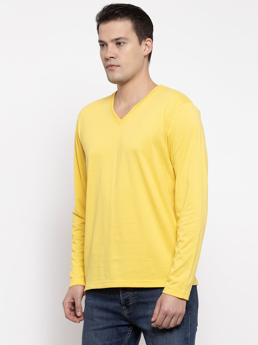 Men Solid V Neck Full Sleeve Cotton T-shirt - Friskers