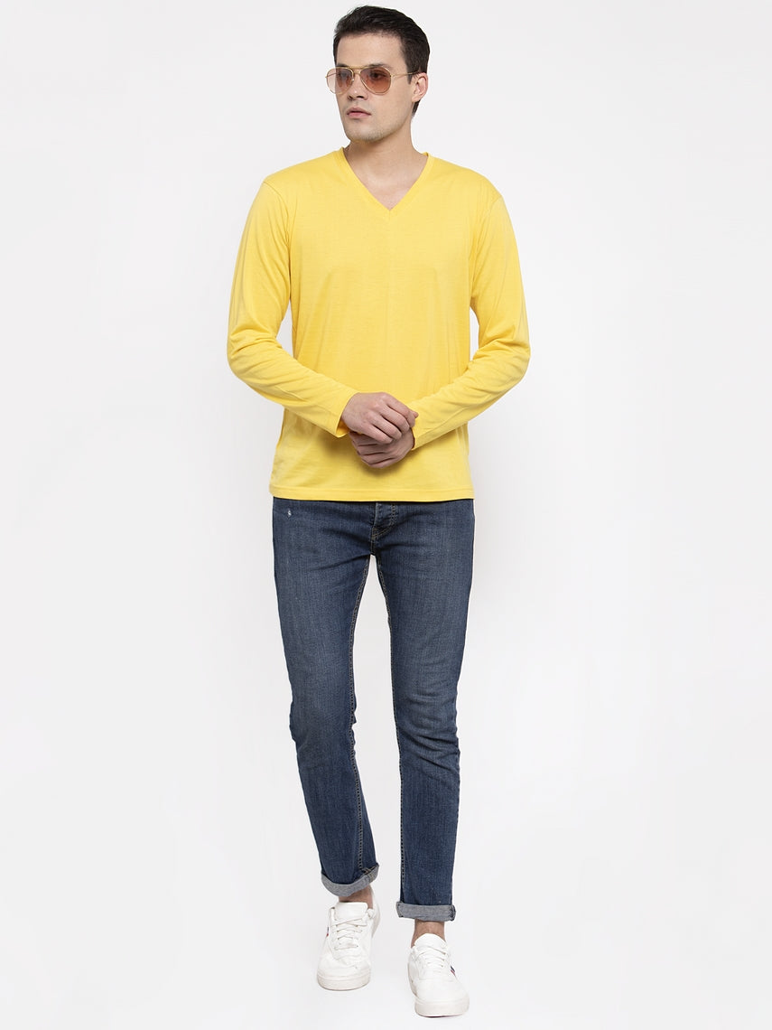 Men Solid V Neck Full Sleeve Cotton T-shirt - Friskers