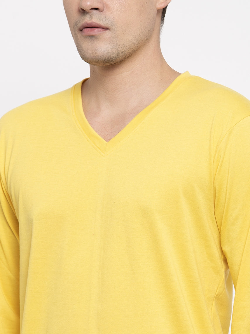 Men Solid V Neck Full Sleeve Cotton T-shirt - Friskers