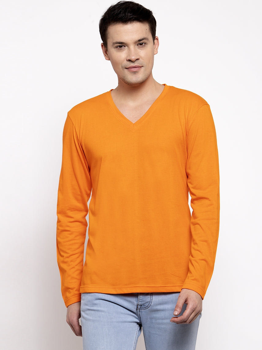 Men Solid V Neck Full Sleeve Cotton T-shirt - Friskers