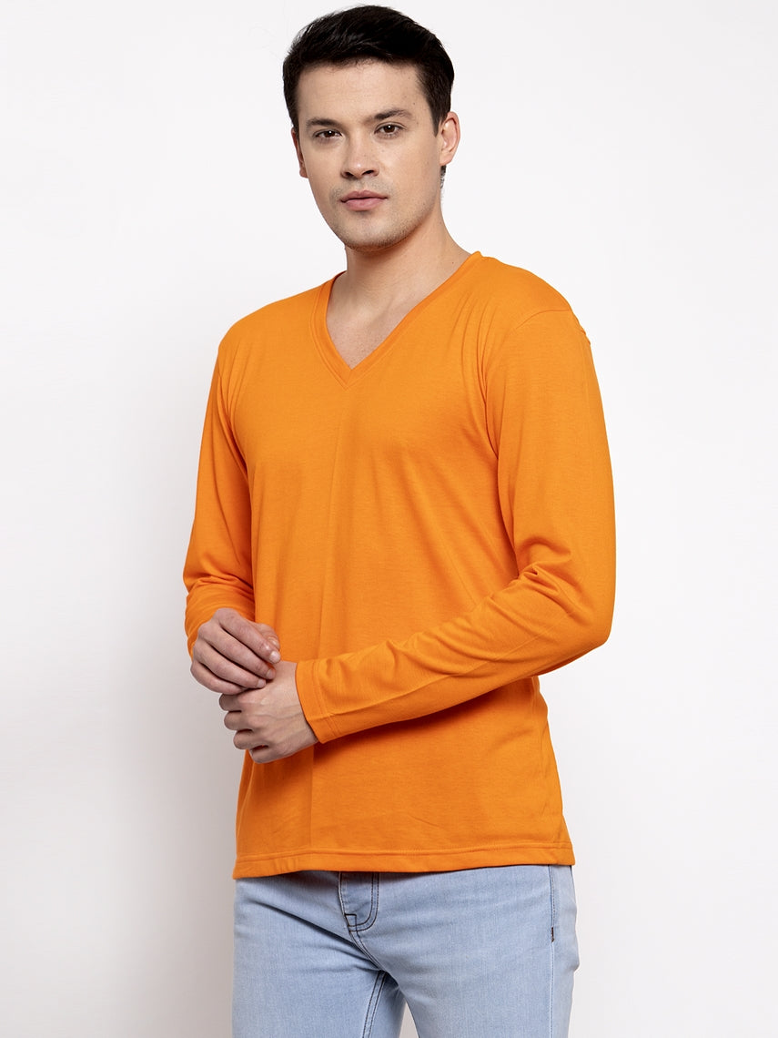 Men Solid V Neck Full Sleeve Cotton T-shirt - Friskers