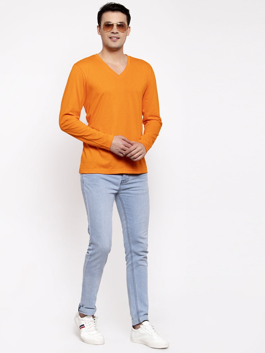 Men Solid V Neck Full Sleeve Cotton T-shirt - Friskers