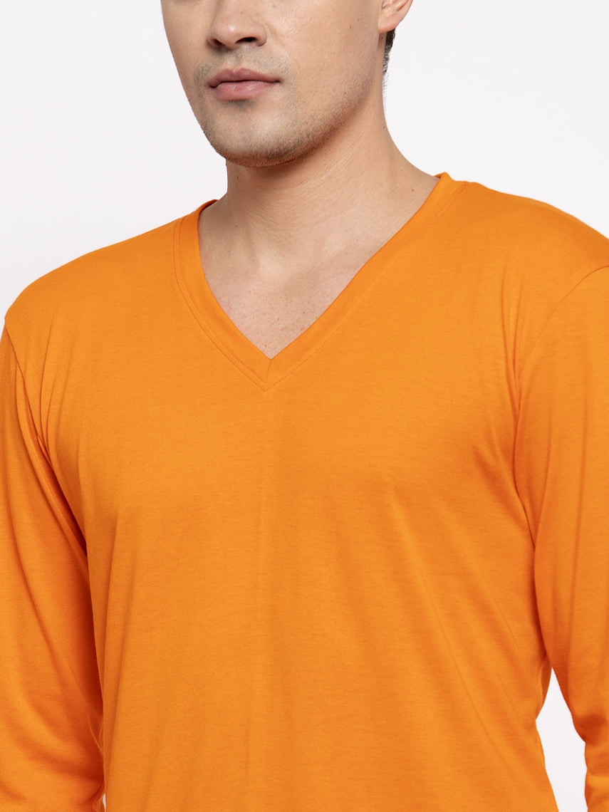 Men Solid V Neck Full Sleeve Cotton T-shirt - Friskers