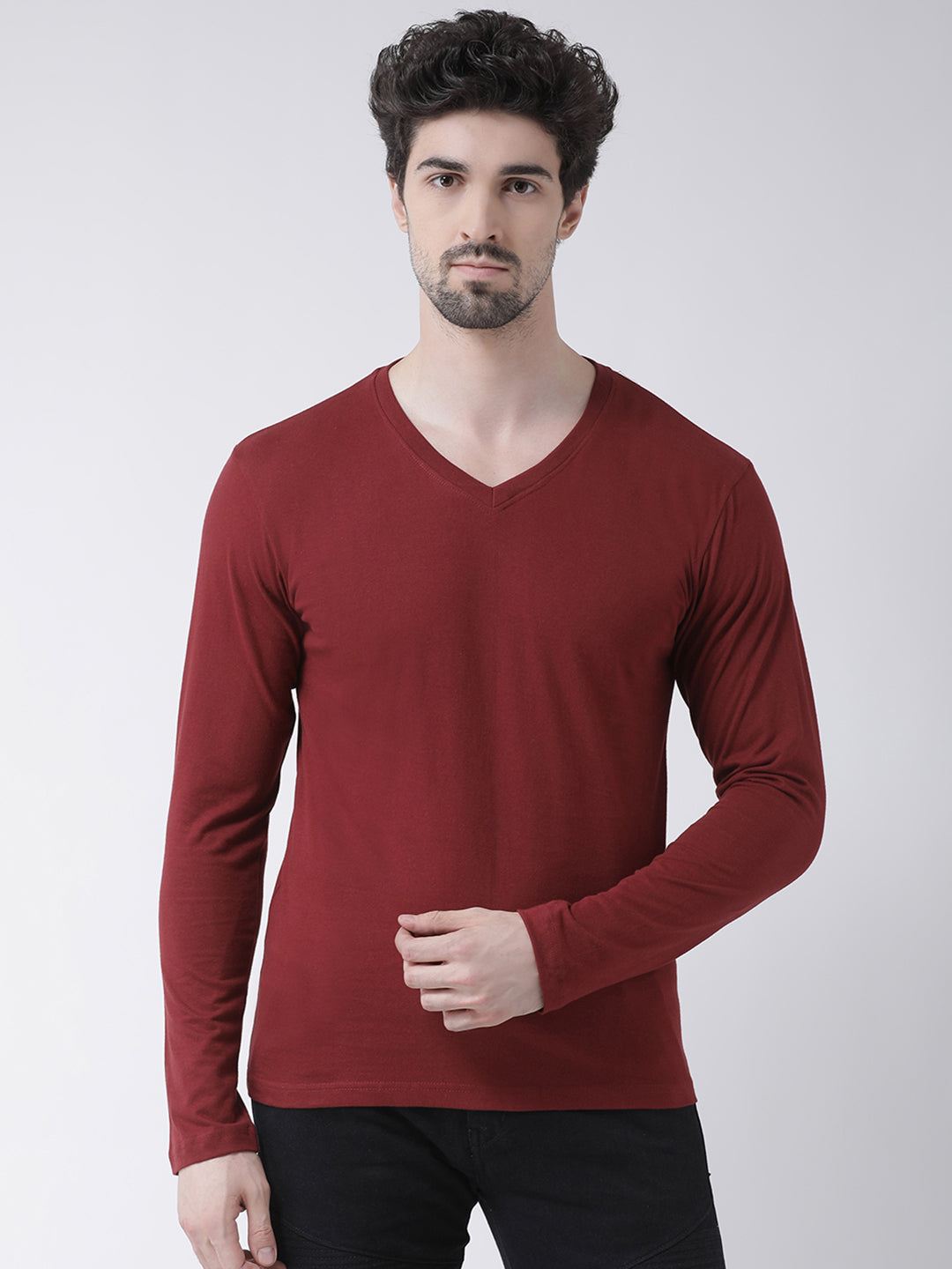 Men Solid V Neck Full Sleeve Cotton T-shirt - Friskers