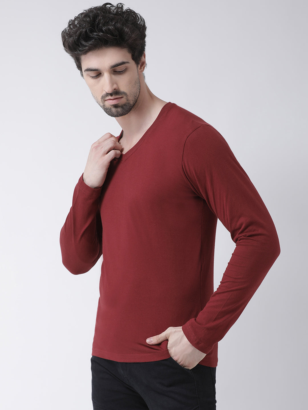 Men Solid V Neck Full Sleeve Cotton T-shirt - Friskers