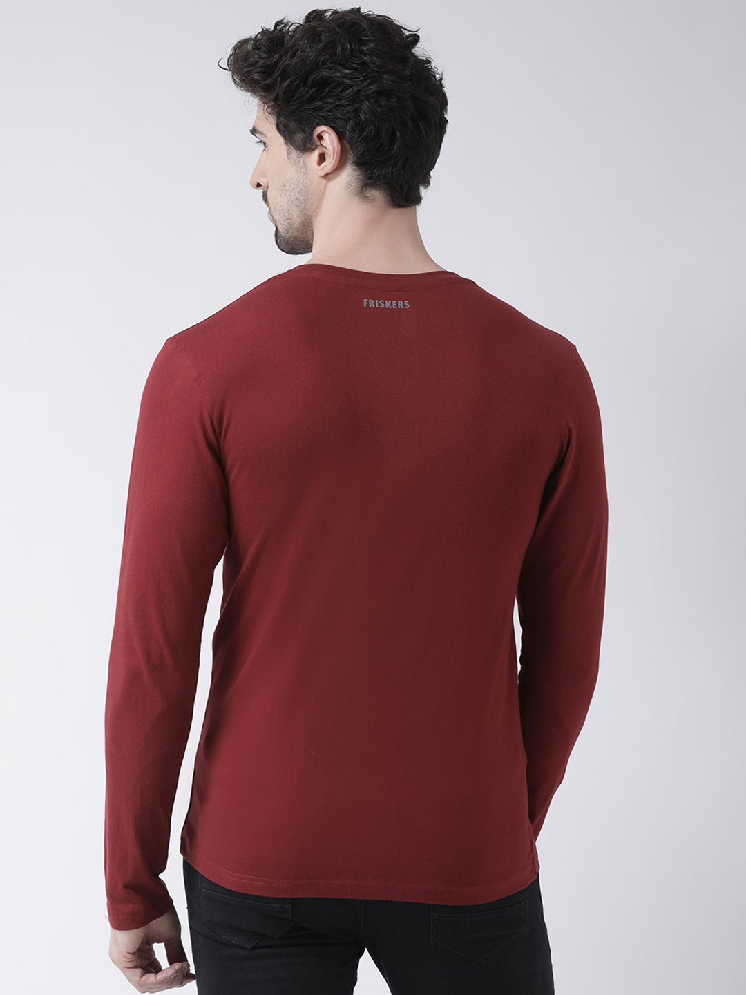 Men Solid V Neck Full Sleeve Cotton T-shirt - Friskers