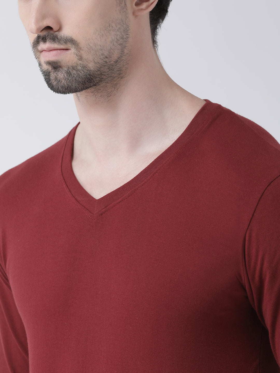 Men Solid V Neck Full Sleeve Cotton T-shirt - Friskers