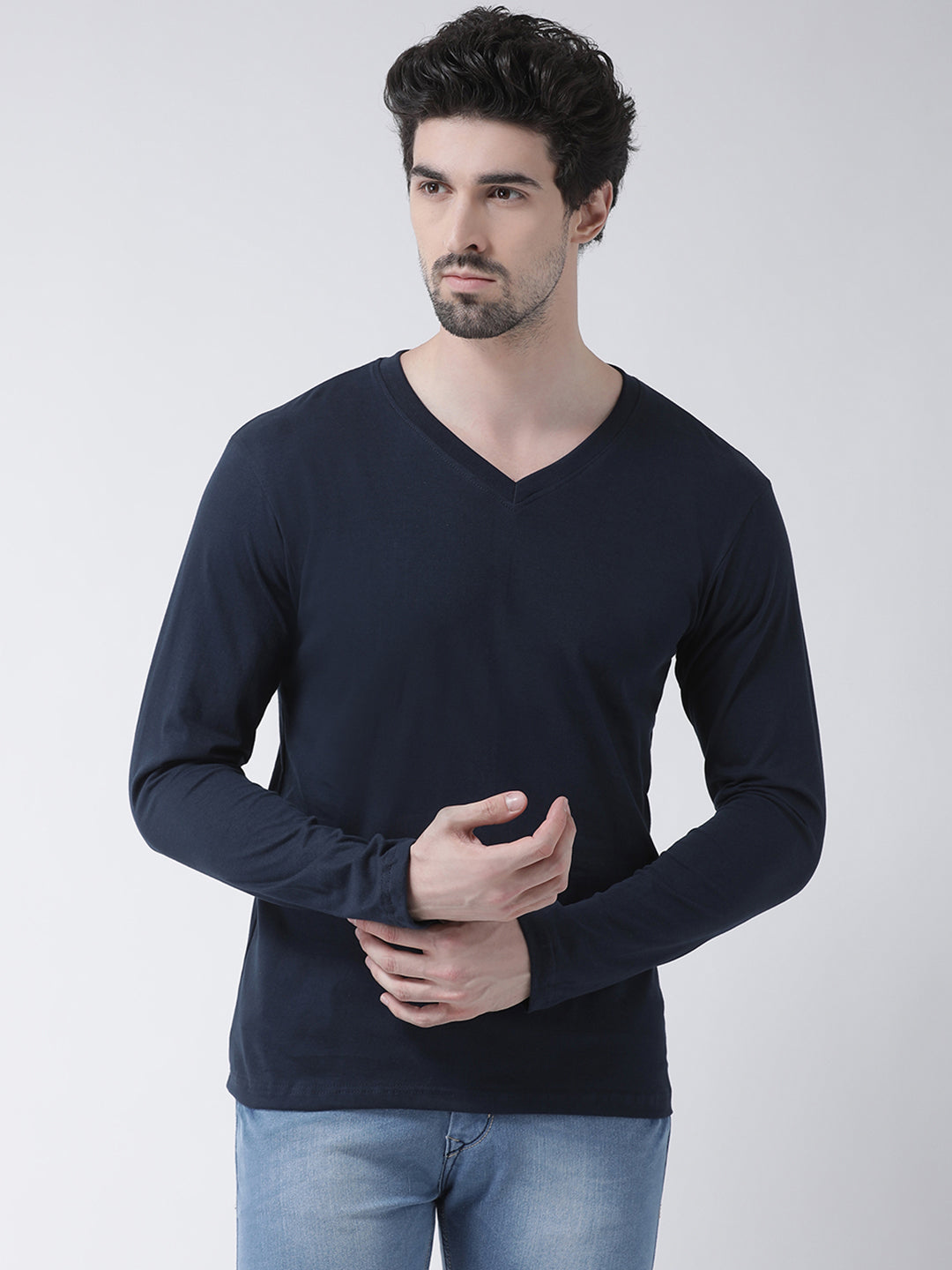 Men Solid V Neck Full Sleeve Cotton T-shirt - Friskers