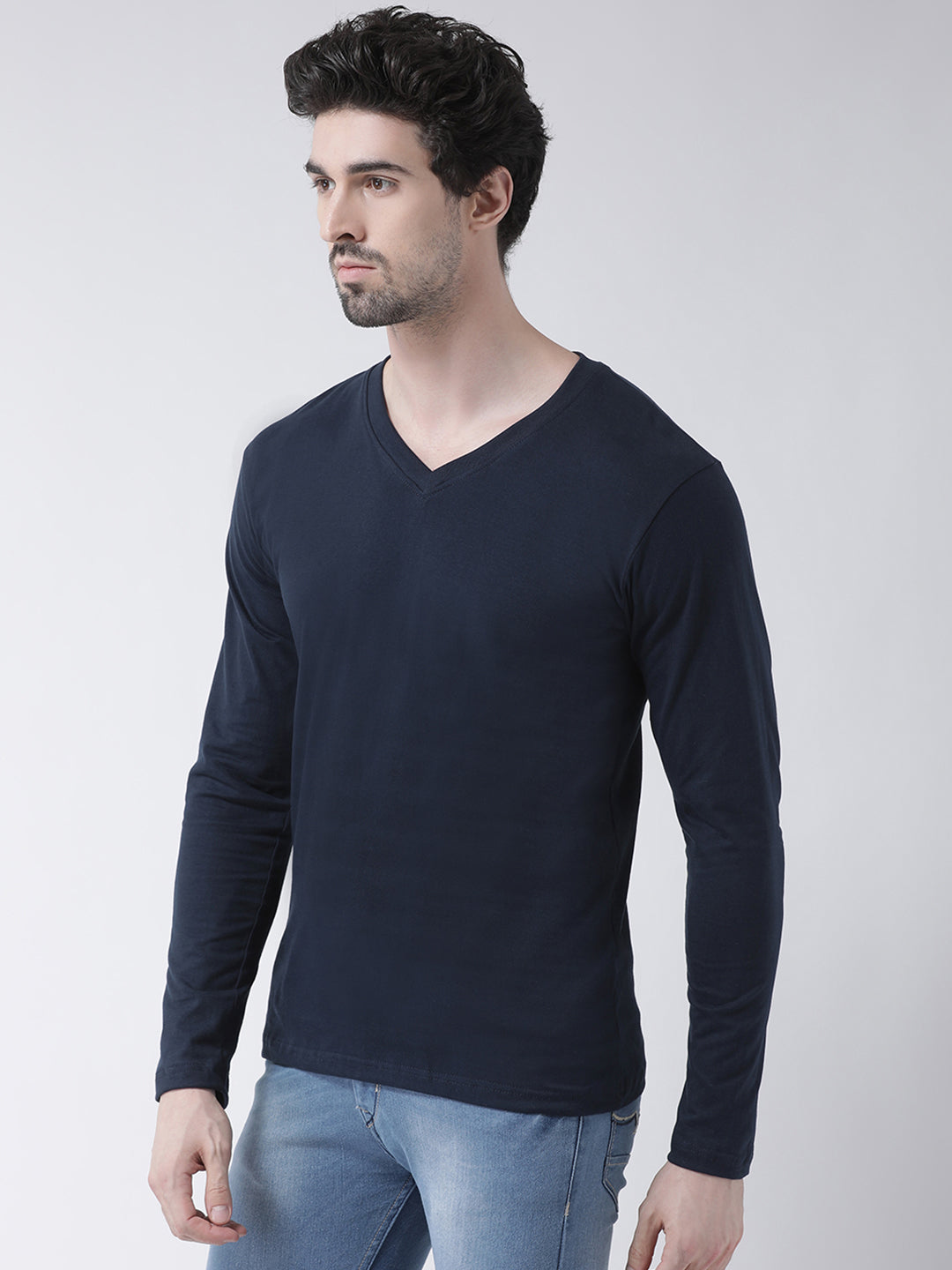 Men Solid V Neck Full Sleeve Cotton T-shirt - Friskers