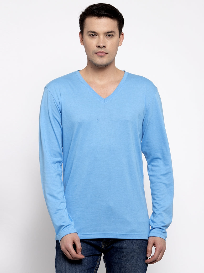 Men Solid V Neck Full Sleeve Cotton T-shirt - Friskers