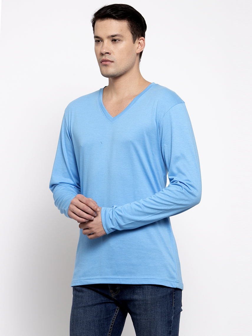 Men Solid V Neck Full Sleeve Cotton T-shirt - Friskers