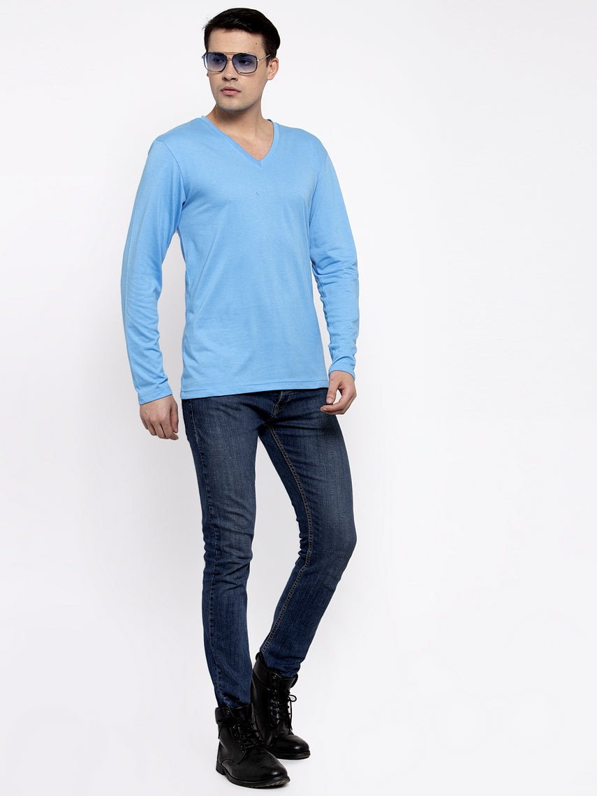 Men Solid V Neck Full Sleeve Cotton T-shirt - Friskers