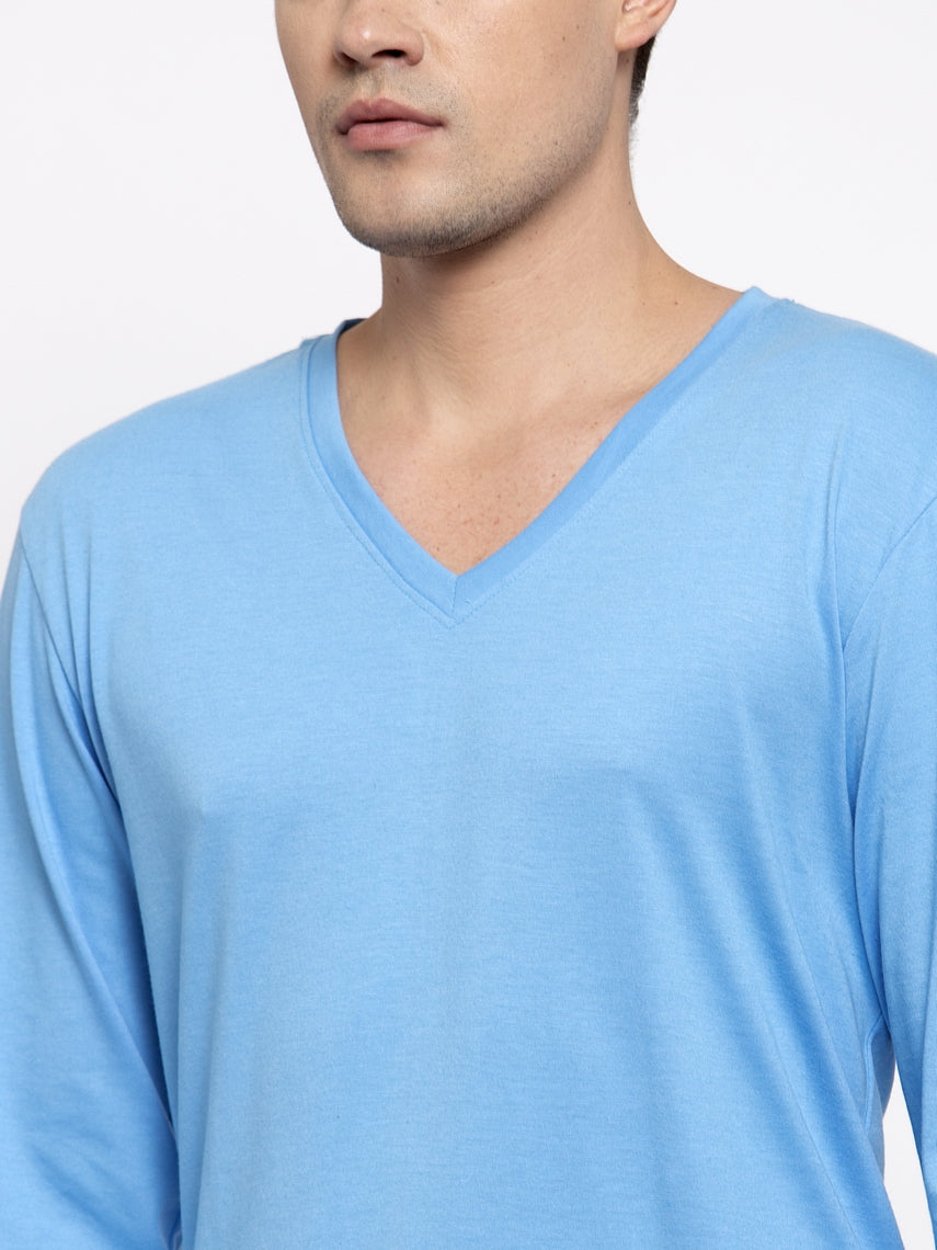 Men Solid V Neck Full Sleeve Cotton T-shirt - Friskers