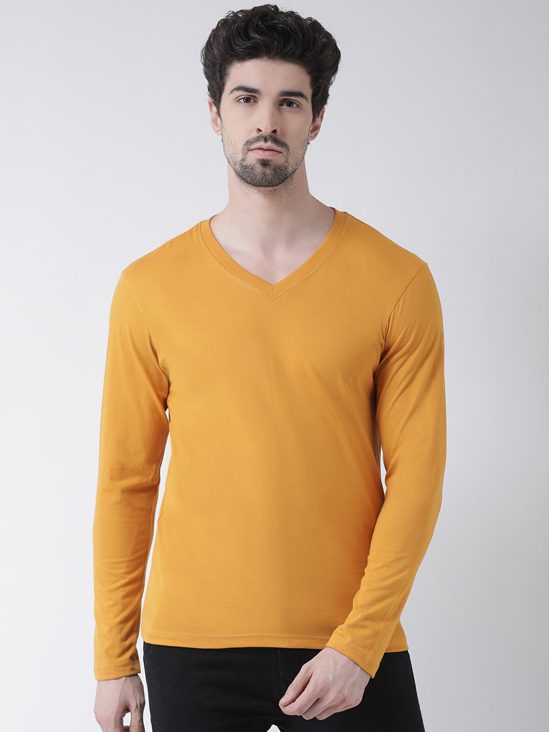 Men Solid V Neck Full Sleeve Cotton T-shirt - Friskers