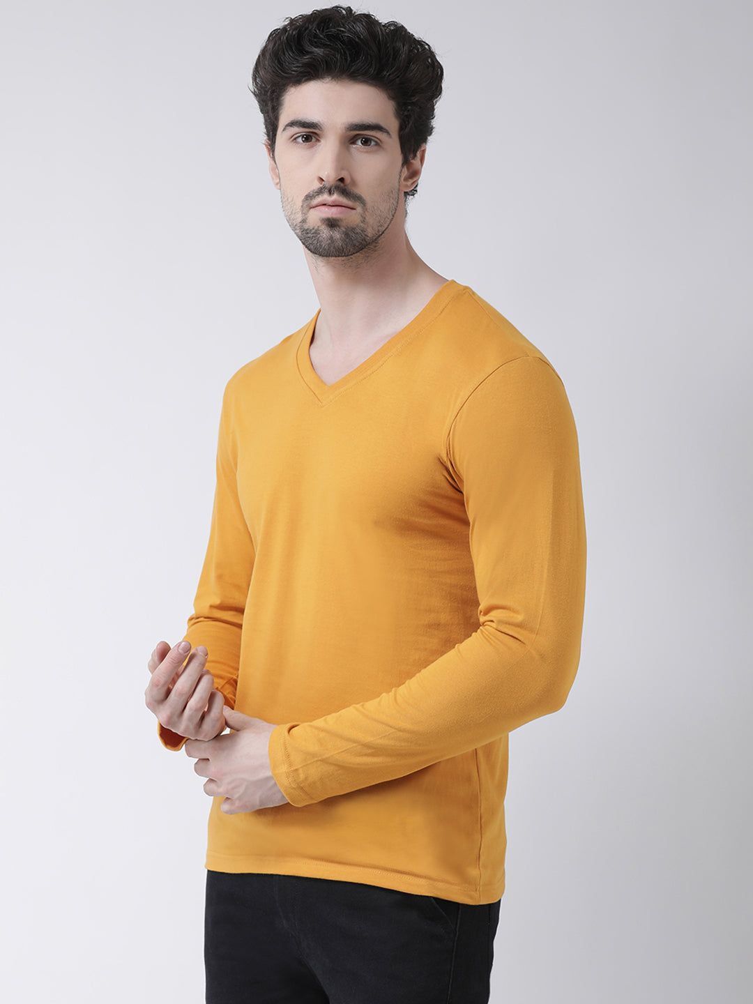 Men Solid V Neck Full Sleeve Cotton T-shirt - Friskers