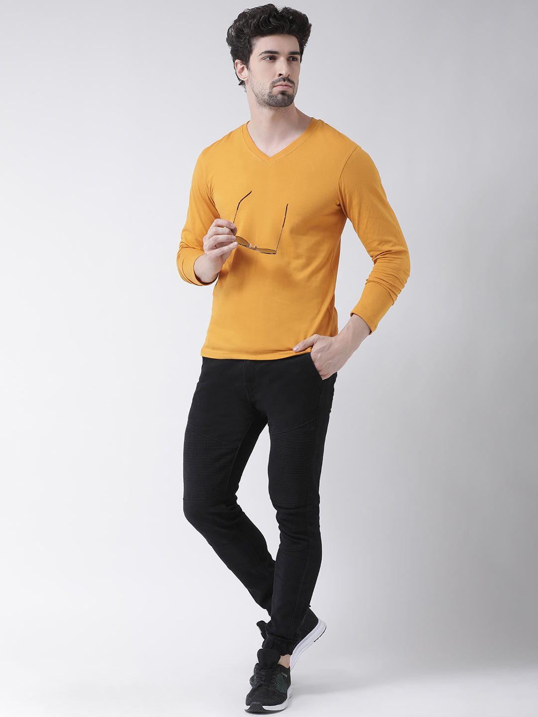 Men Solid V Neck Full Sleeve Cotton T-shirt - Friskers