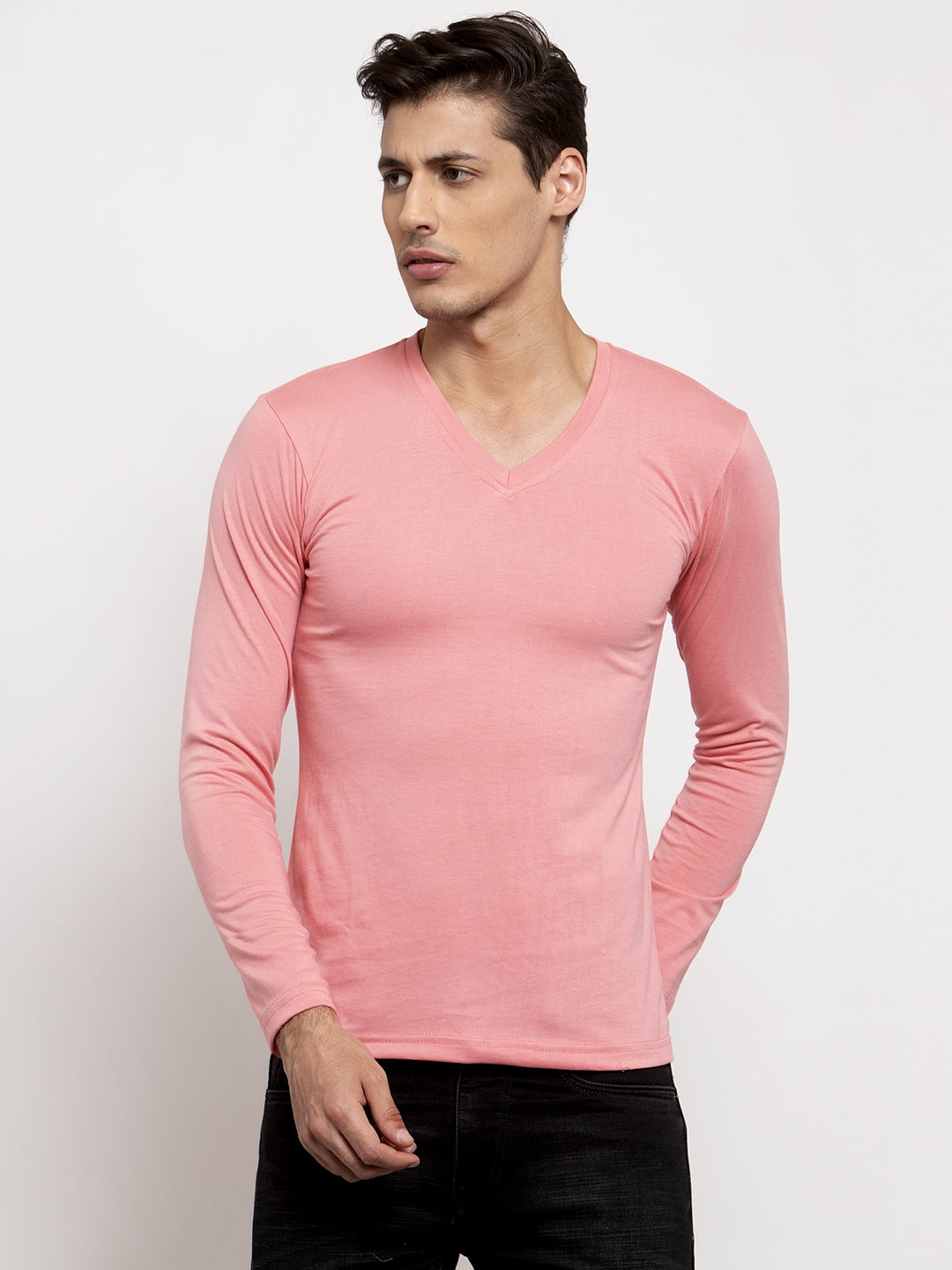 Men Solid V Neck Full Sleeve Cotton T-shirt - Friskers