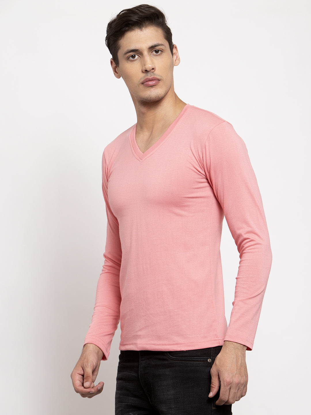 Men Solid V Neck Full Sleeve Cotton T-shirt - Friskers