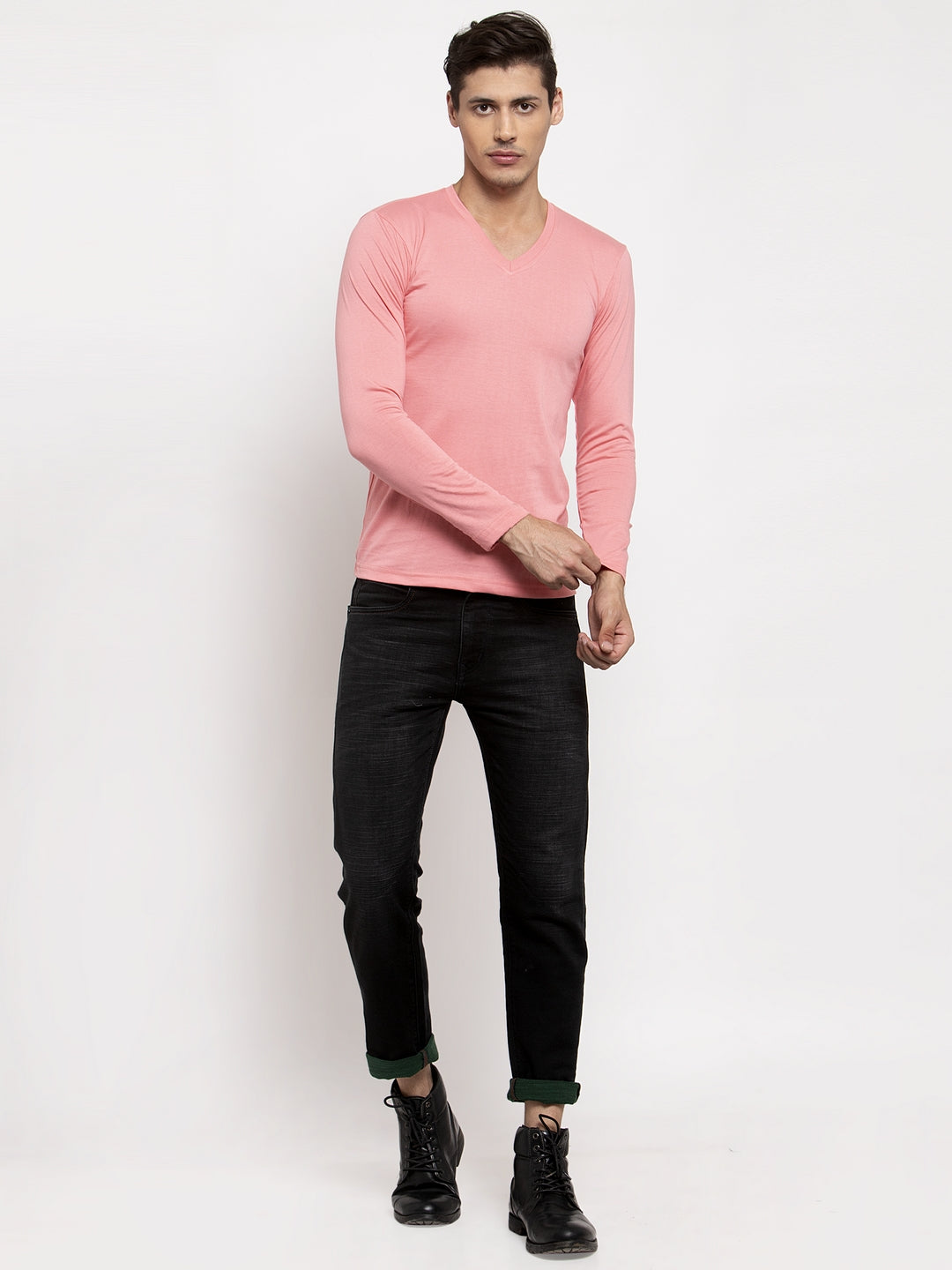 Men Solid V Neck Full Sleeve Cotton T-shirt - Friskers