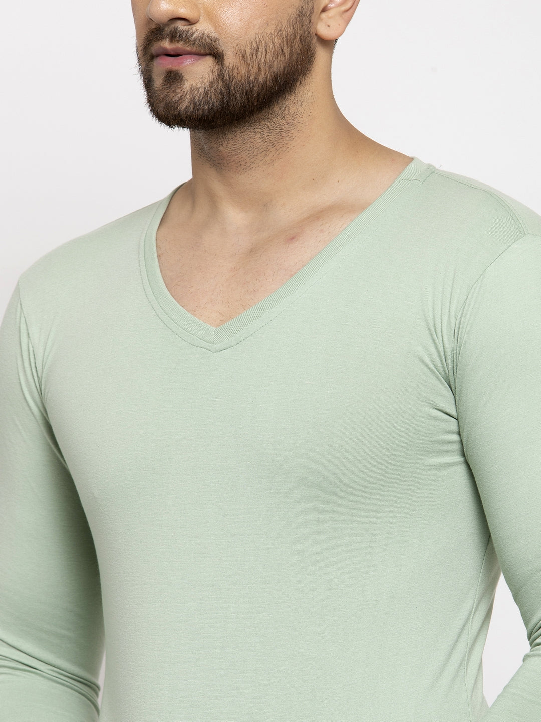 Men Solid V Neck Full Sleeve Cotton T-shirt - Friskers