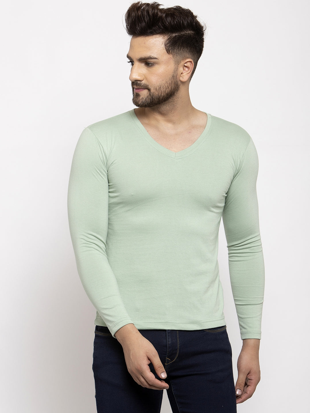 Men Solid V Neck Full Sleeve Cotton T-shirt - Friskers