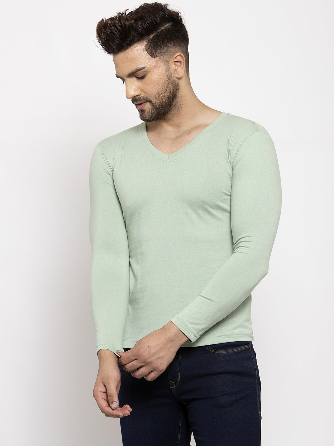 Men Solid V Neck Full Sleeve Cotton T-shirt - Friskers