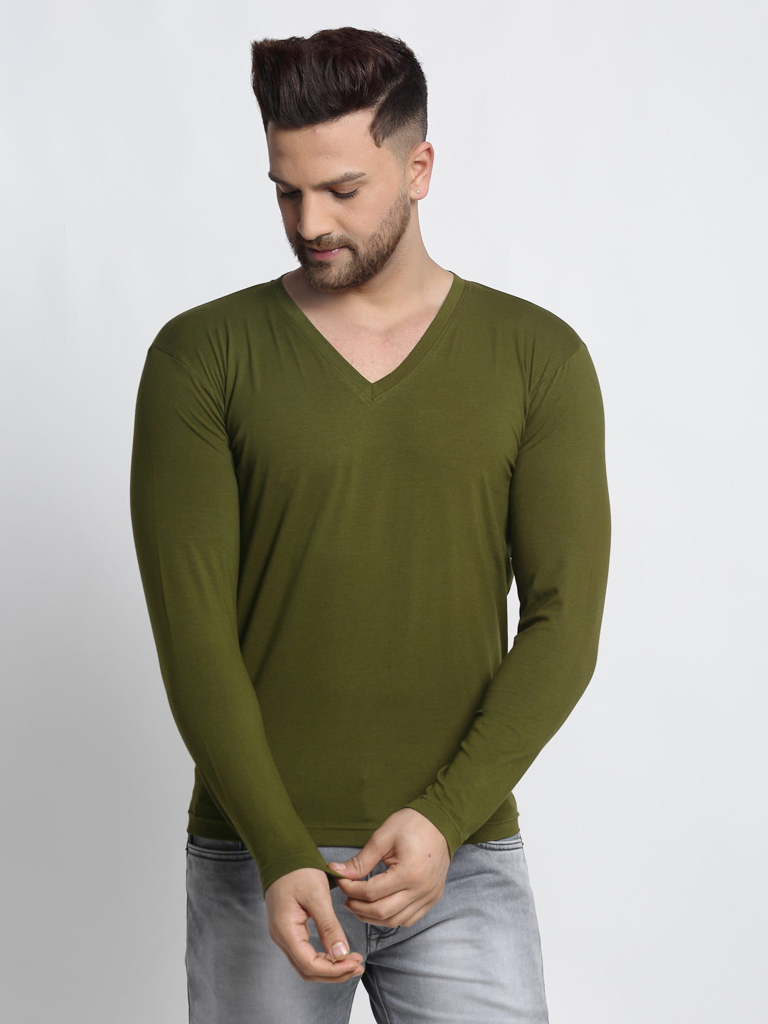 Men Solid V Neck Full Sleeve Cotton T-shirt - Friskers