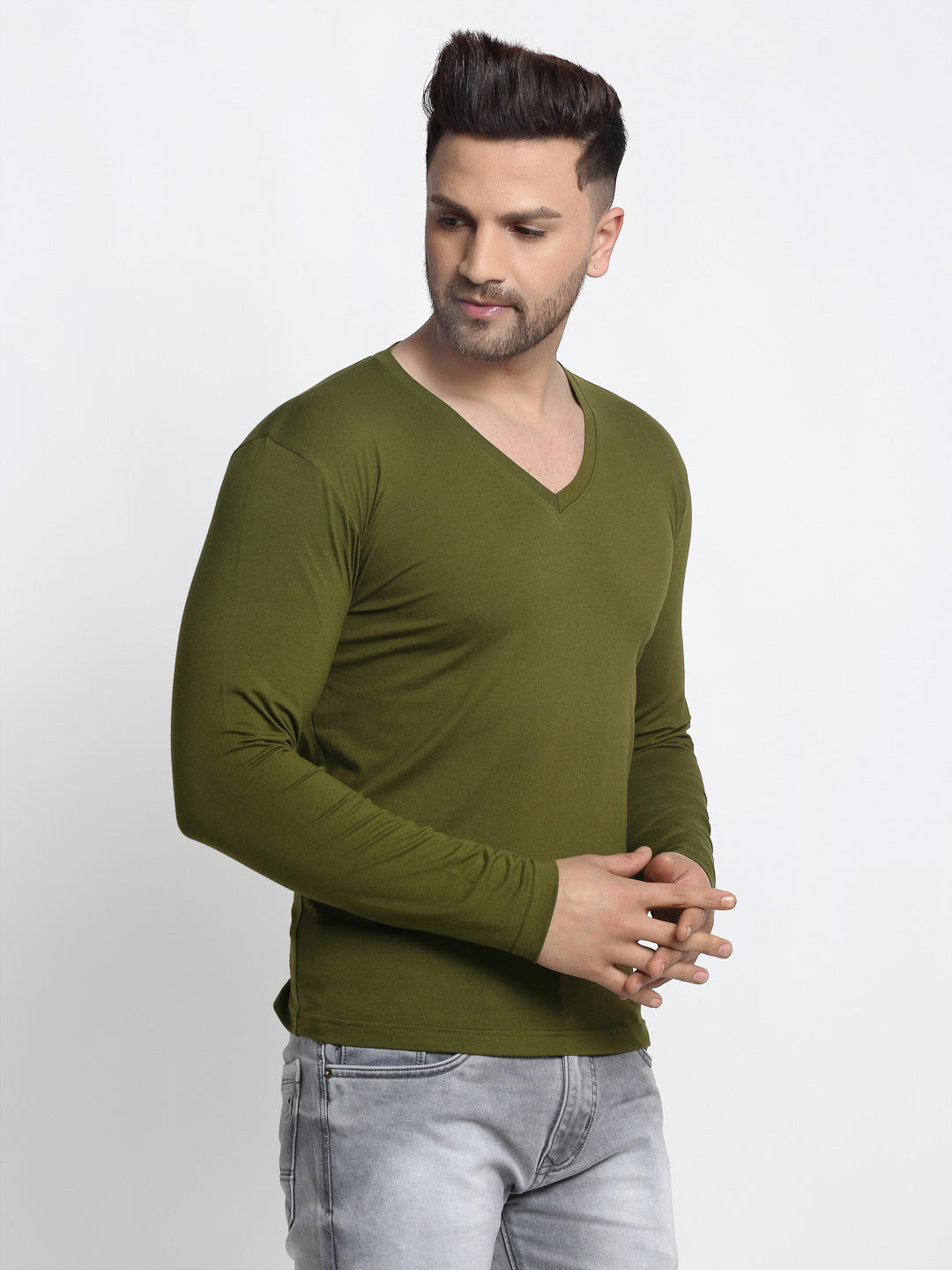 Men Solid V Neck Full Sleeve Cotton T-shirt - Friskers