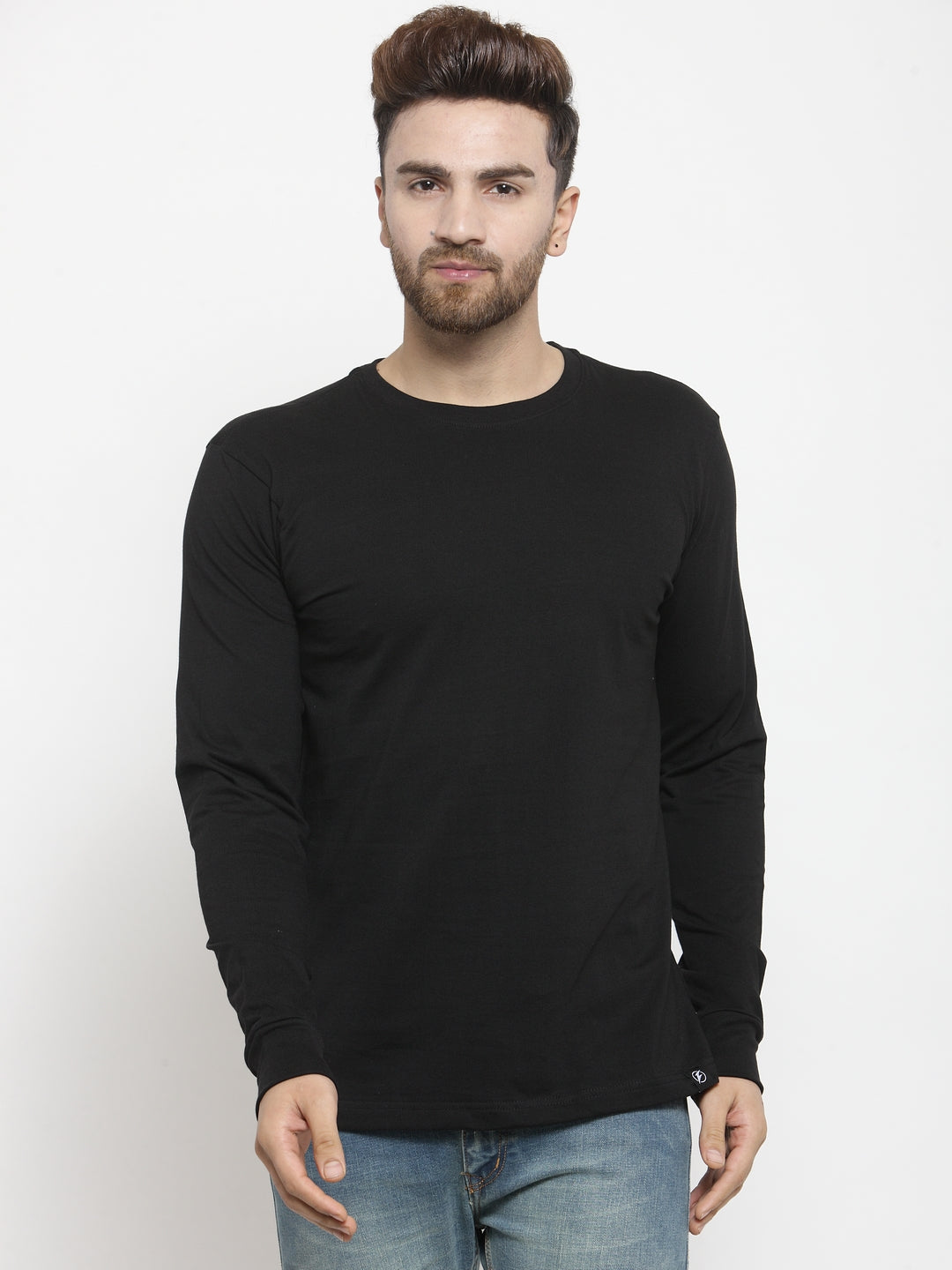 Men Solid Round Neck with rib Full Sleeve T-shirt - Friskers
