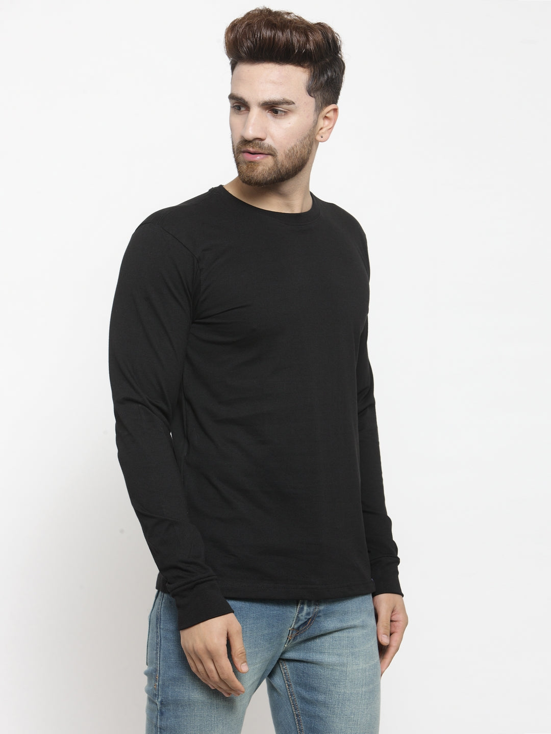 Men Solid Round Neck with rib Full Sleeve T-shirt - Friskers