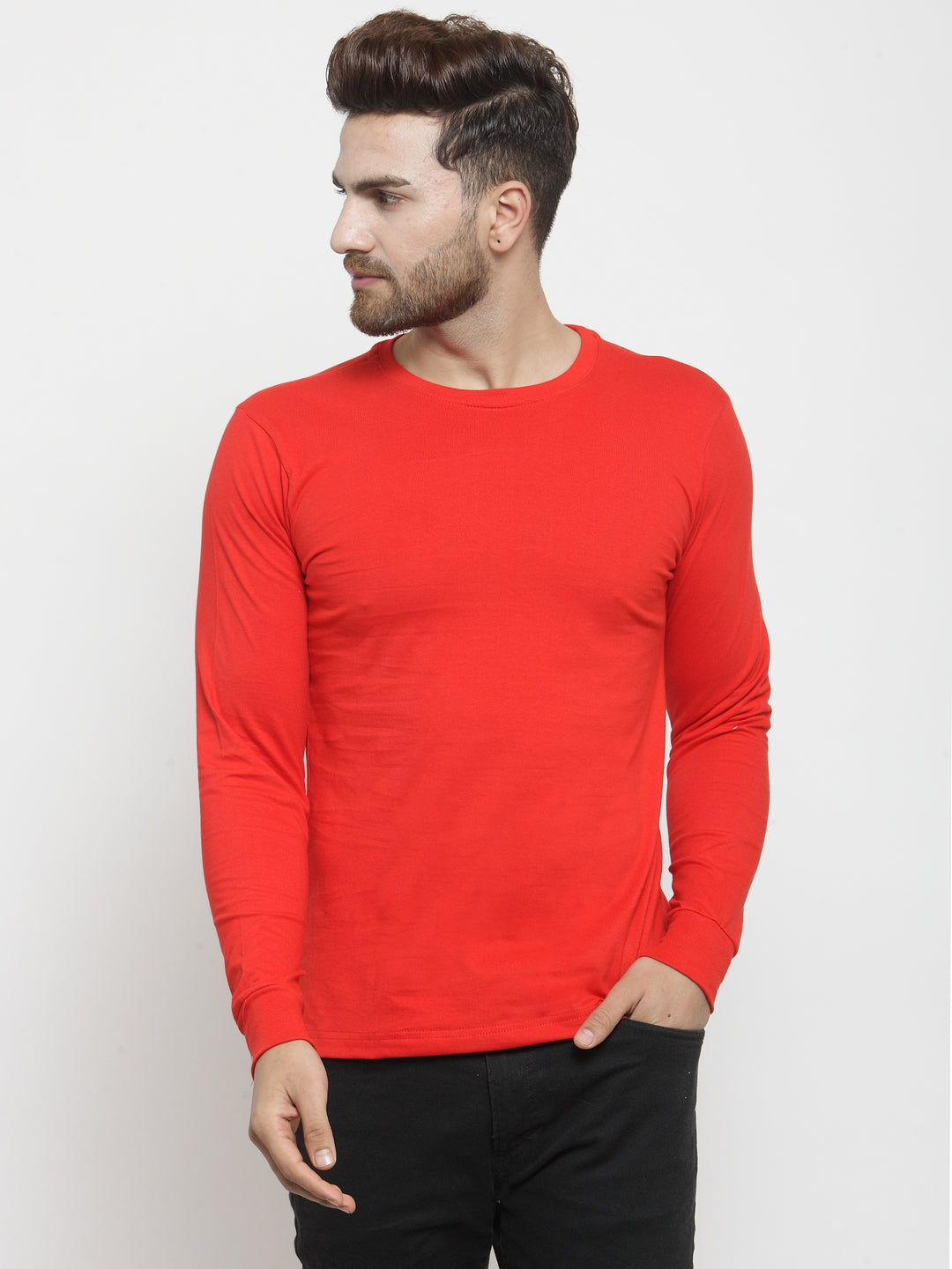 Men Solid Round Neck with rib Full Sleeve T-shirt - Friskers
