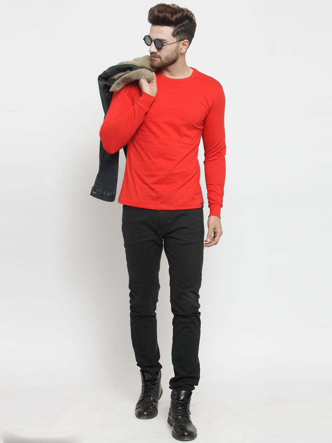 Men Solid Round Neck with rib Full Sleeve T-shirt - Friskers